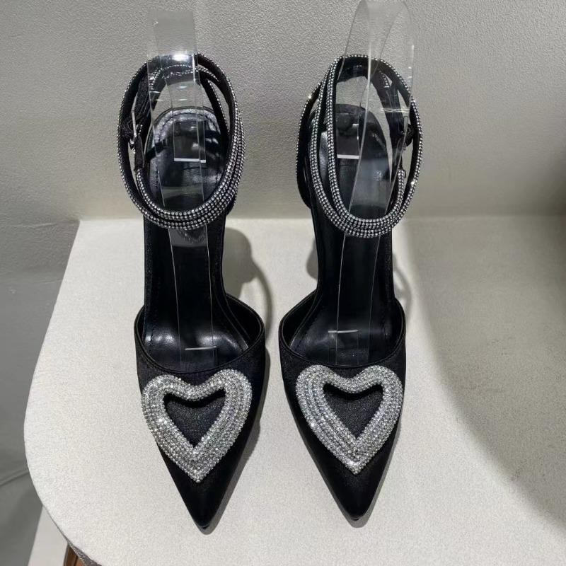 Black bag head sandals women's summer new thin heel love rhinestone strap empty sexy thin heel high heels