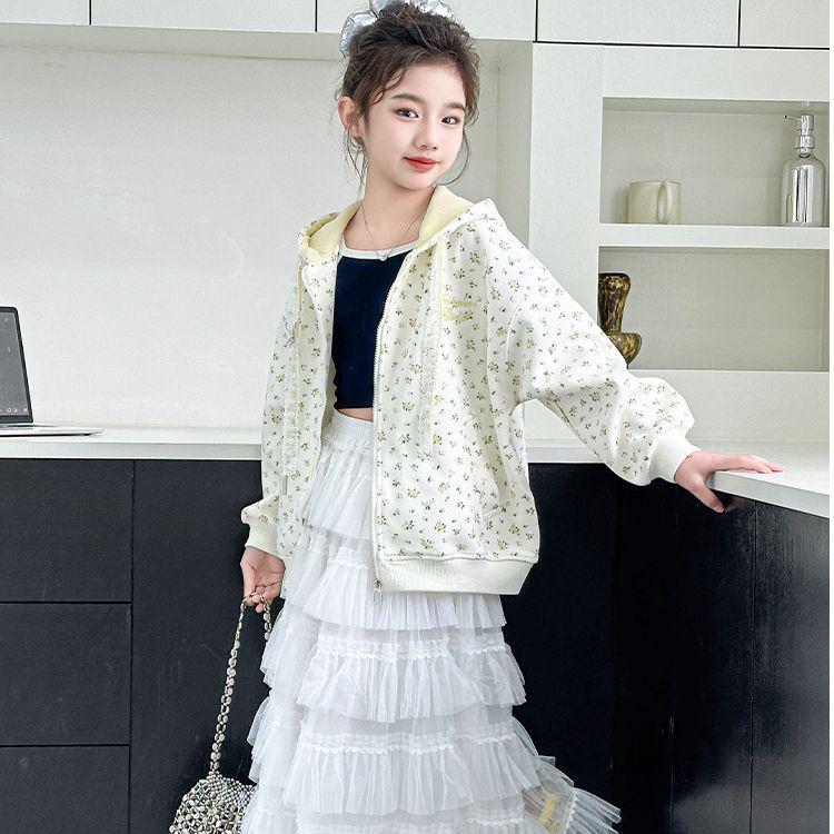 Girls 2026 Korean Style Hooded Floral Jacket - Medium & Large Children, Spring/Autumn Fashion 170 cm жёлтый