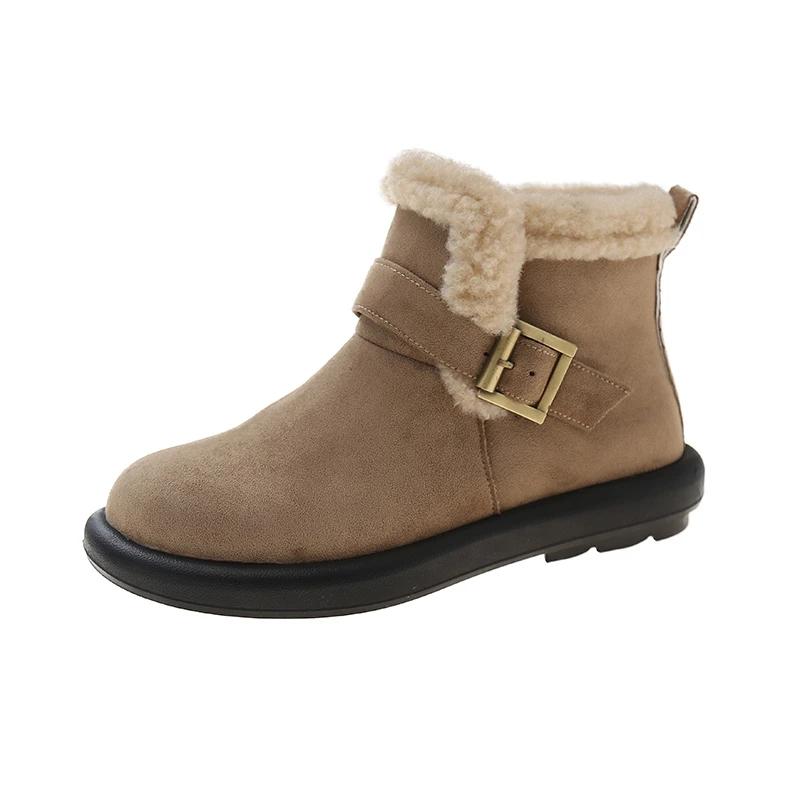 Fashion Flats Women Suede Ankle Boots Belt Buckle Plush Warm Shoes Woman Fashion Designer New 2025 Trend Winter Casual Cozy Botas Mujer