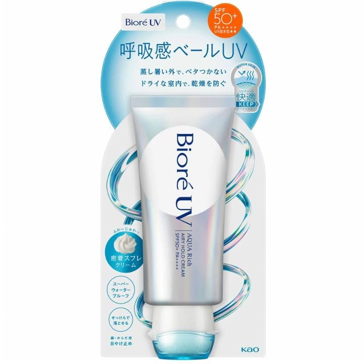 Biore UV Aqua Rich Airy Hold Cream — это легкий солнцезащитный спрей, который обеспечивает дышащую защиту.