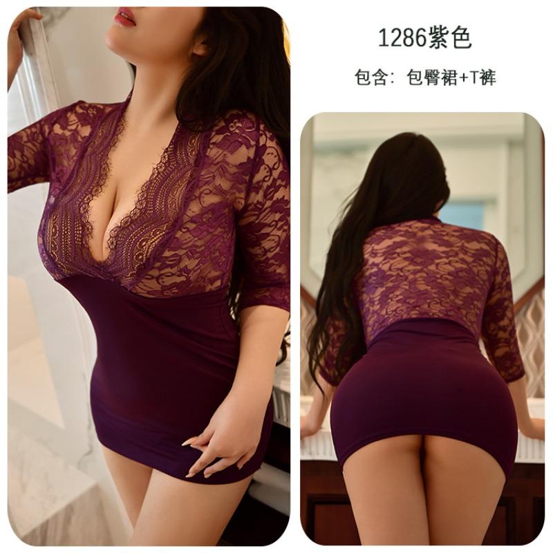 Long Night Sexy Lingerie Women, Sexy Lace Seduction See-through ** Hip Skirt Pajamas Secretary Outfit