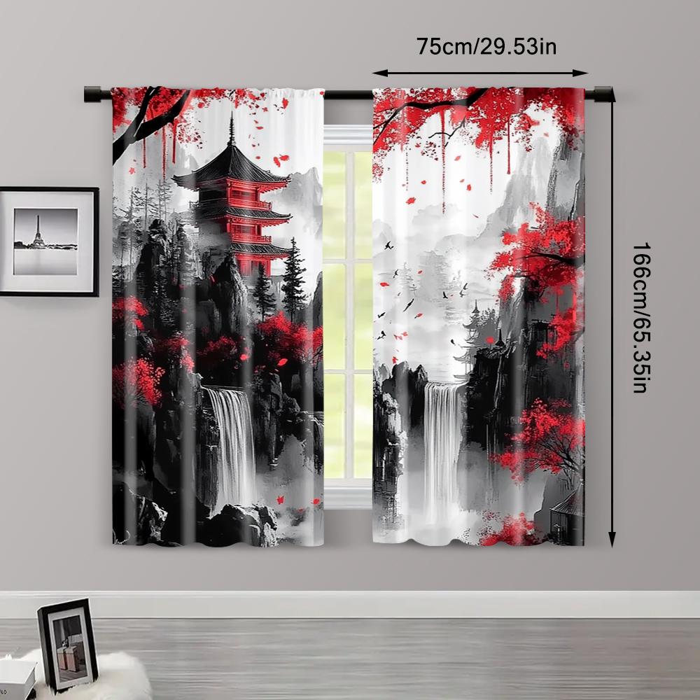 2pcs   Window Curtain 2D print Japanese Mountain Ink Painting 100% Polyester (without rod) Art Deco Festive for Living Room &