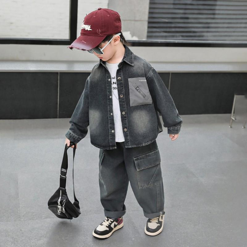 Boys Denim Two-Piece Set Fall 2026 Casual Kids Outfit Long Sleeve Top Pants Ages 3-8