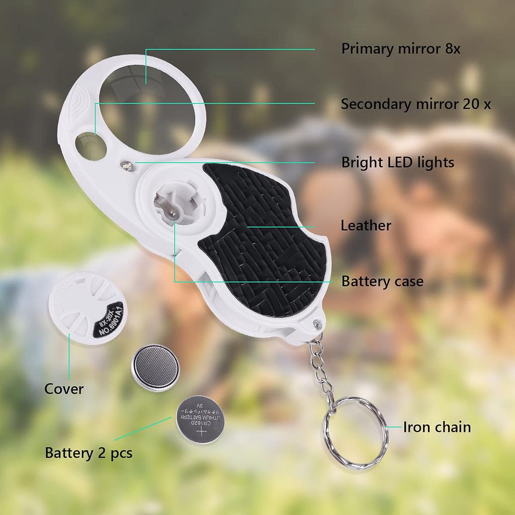 8X 20X Faltbare Taschenlupe Vergrößerungsglas mit LED-Licht Schlüsselanhänger Handheld Schmuck Münzen Lupe für Senioren