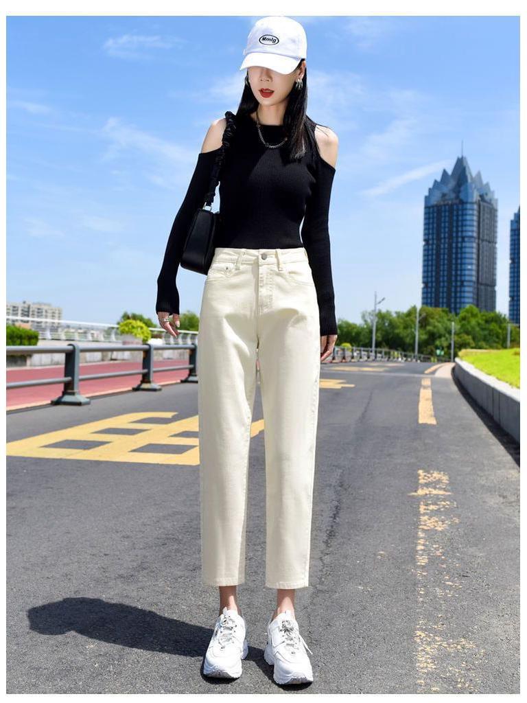 Women's White High-Waist Straight-Leg Stretch Jeans for Summer