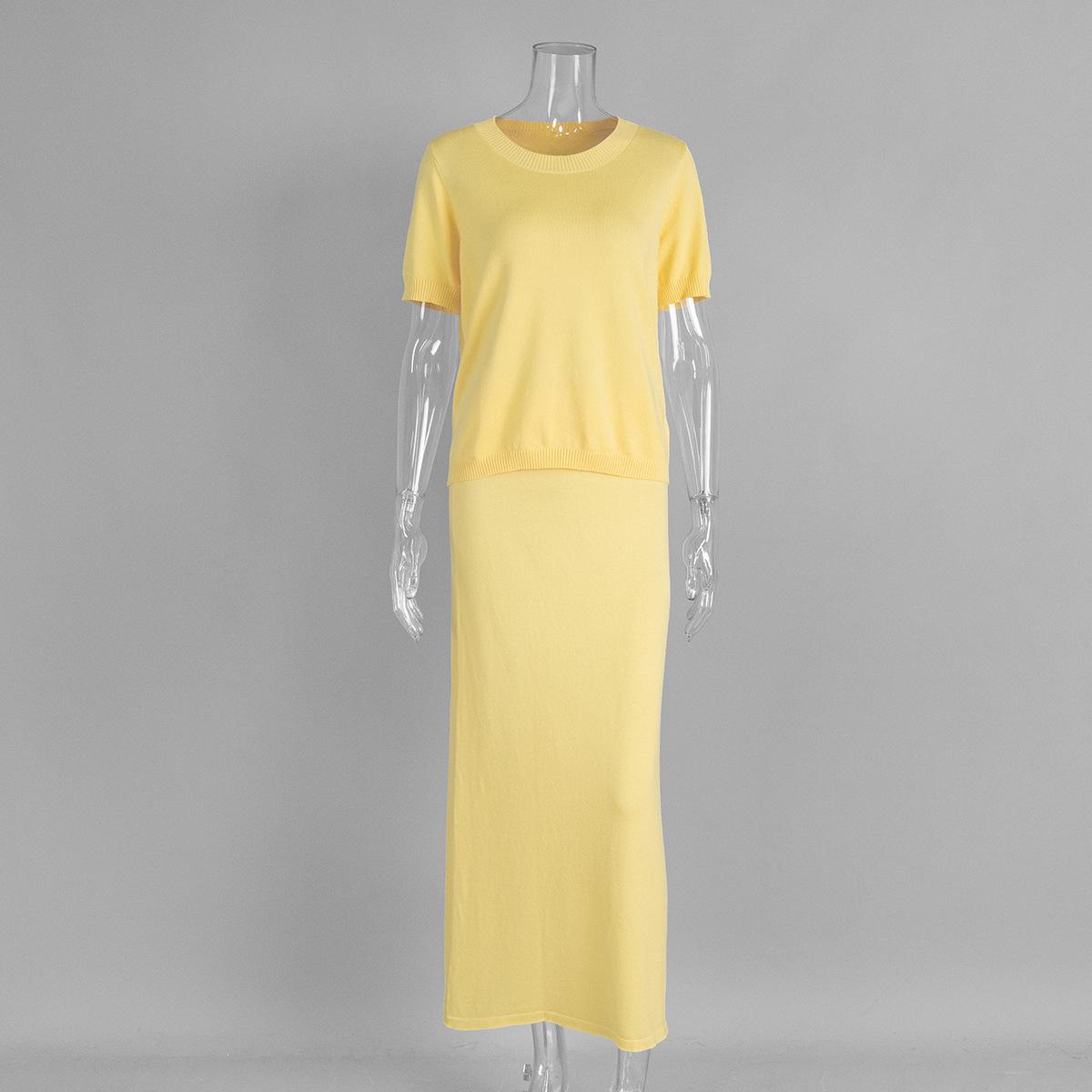 

Осенний Новый Мягкий Трикотажный Комплект Женский Пуловер с Коротким Рукавом Юбка Однотонный Элегантный Минималистичный Комплект из Двух Предметов L жёлтый