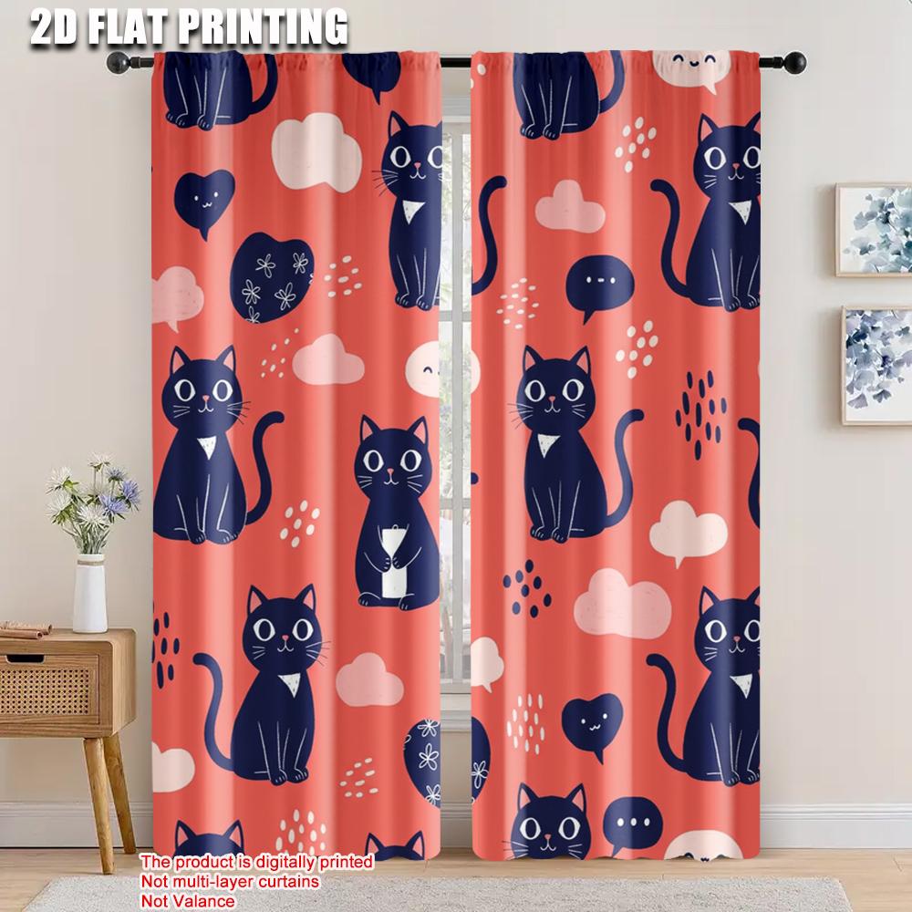 

Set Of 2 Spring Summer Curtains Cute Cat Semi Versatile Durable Polyester Decorations Inside Use Digital Curtain With Light Filtering W100*H70(CM)-Rod Pocket&1PCS