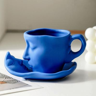 Decorative Face Shape Artistic Ceramic Mug With Tray Romantic Kissing Face Cups European Style Coffee Cup Office Cup