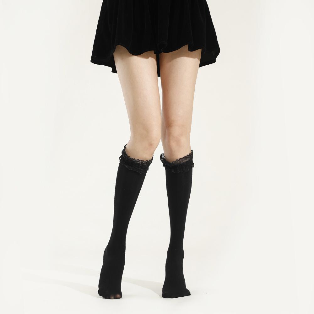 Japanese Lace Trim Knee-High Velvet Socks - Black, Transparent, Spring/Autumn Style