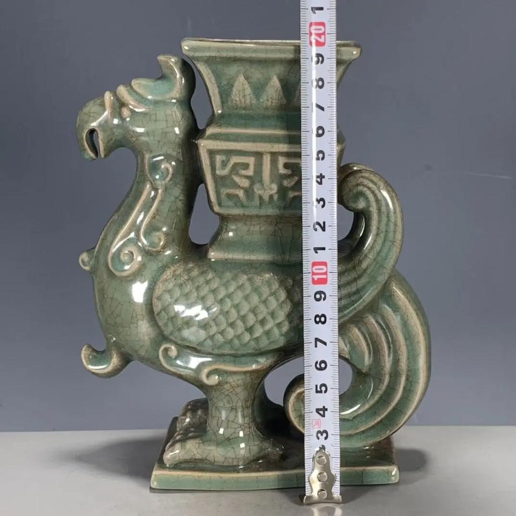 Chinese Antique Song Ru Kiln Porcelain Phoenix Head Ceramic Vase Ornaments Home Room Accessories Items Office Desktop Decoration