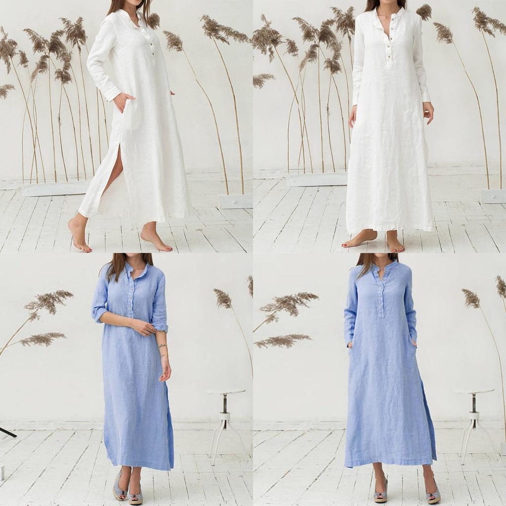 Luxusní dámský kaftan Bavlna Dlouhý rukáv Jednobarevný Ležérní Oversized Maxi košilové šaty