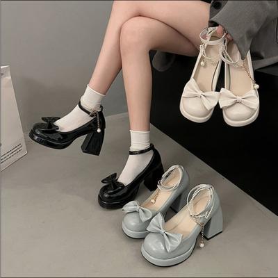 Kalın Topuklu Ayakkabılar, Yüksek Topuklu Ayakkabılar, Kadın İlkbahar ve Sonbahar Yeni Fransız Marijane Ayakkabıları Fiyonklu Düğün Ayakkabıları Gelin