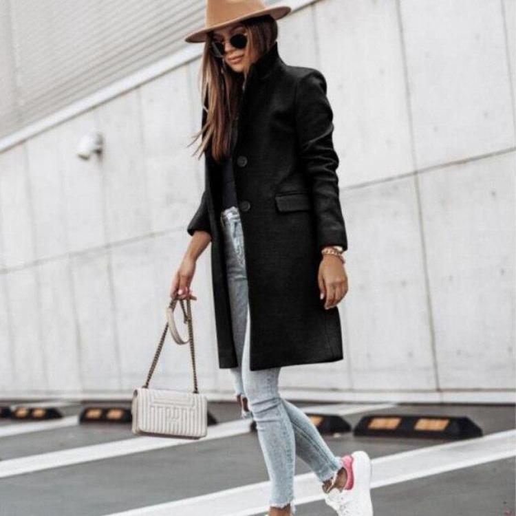 

Autumn Winter Women s Woolen Coat Slim Long Sleeve Midi Zip Up Button Pockets Casual Fashion Tops Solid Color Clothes S чёрный