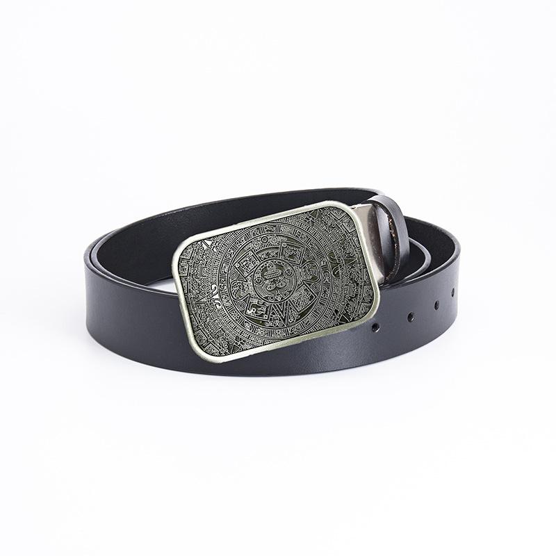 Glossy Whole Cowhide Belt, Zinc Alloy Ancient Tin Aztec Calendar Belt, Retro Large Size Pure Leather Belt.