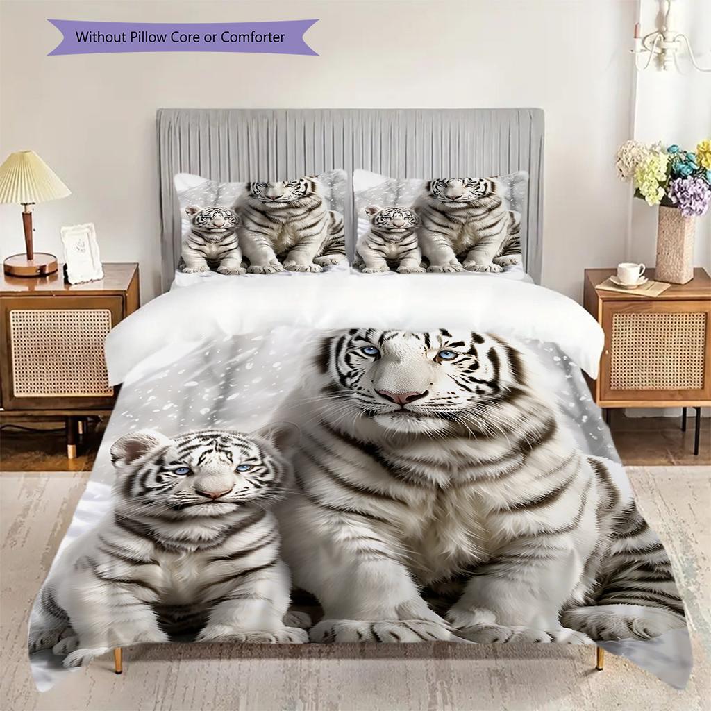 White Tiger Pattern Bedding Quilt Set Quilt Cover Pillowcase Home Decoration Birthday Gift (1 * Duvet Cover + 2 * Pillowcase, Without Core)