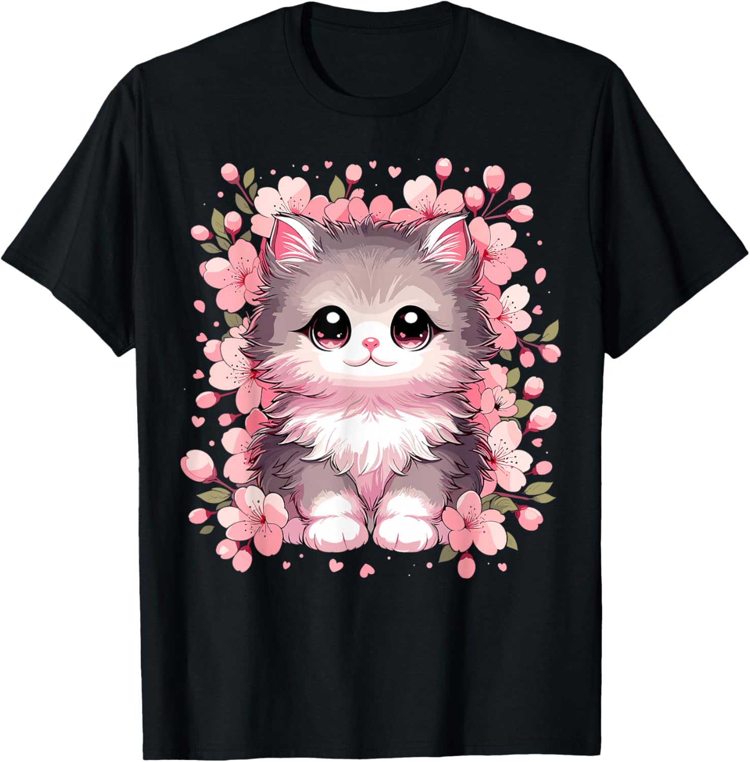 

Cute Kawaii Kitten Cherry Blossoms Graphic T-Shirt Soft Cotton Casual Round Neck Tee 4XL