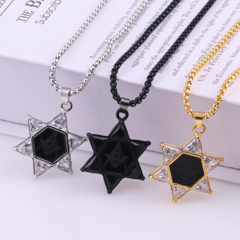 Popular Jewelry Retro Masonic Hexagram Zircon Mens Alloy Pendant Necklace