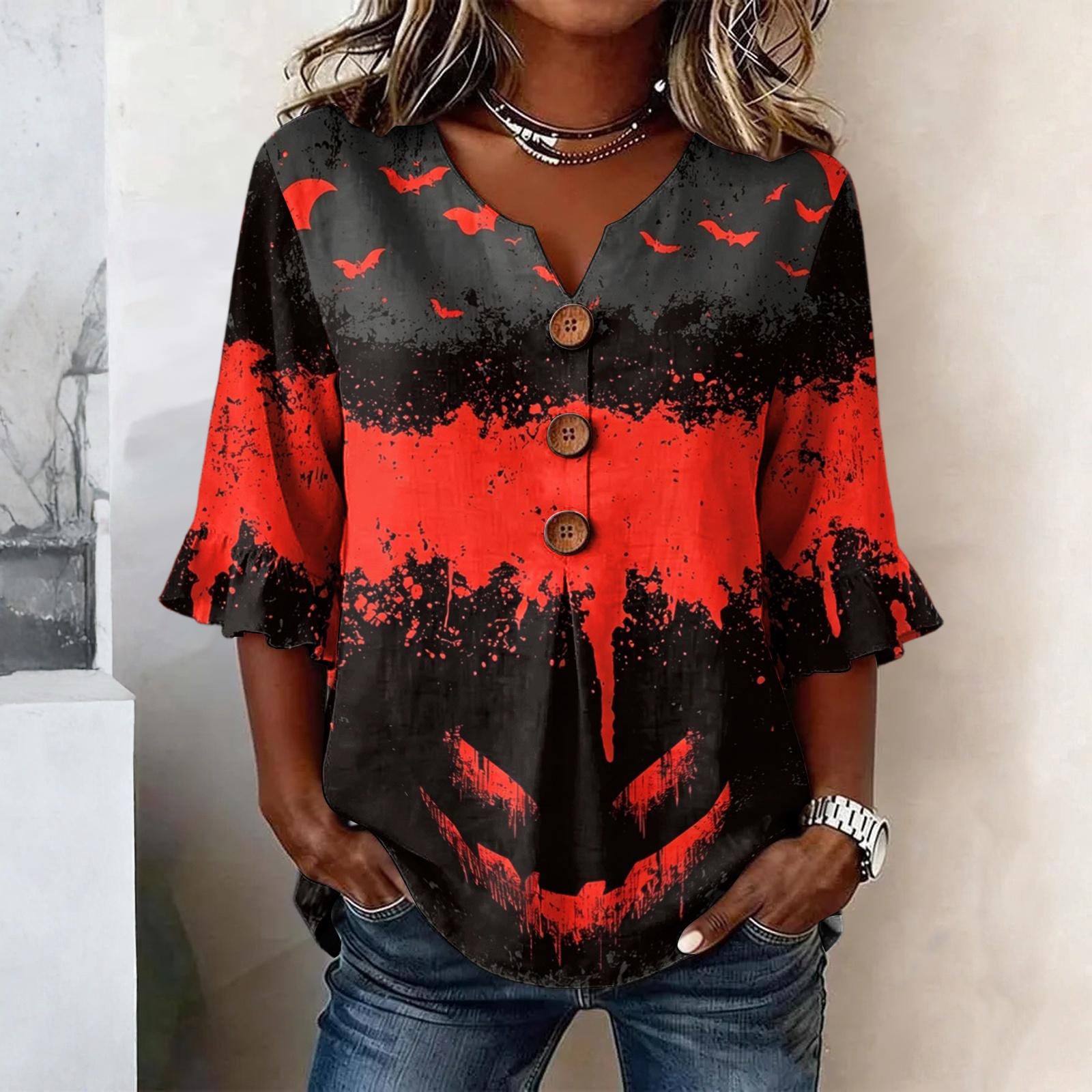 Women s Casual Loose Fit Halloween Printed Blouse with Lace Trim Sleeves for Party and Costume Wear M