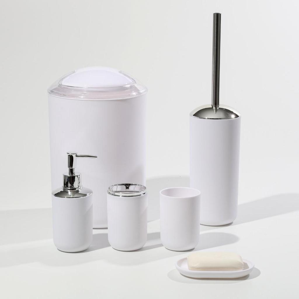 Solid Color Bathroom Accessory Set: 6-Piece Plastic Kit with Mouthwash Cup, Toothbrush Holder, Soap Dish, and Storage Containers.