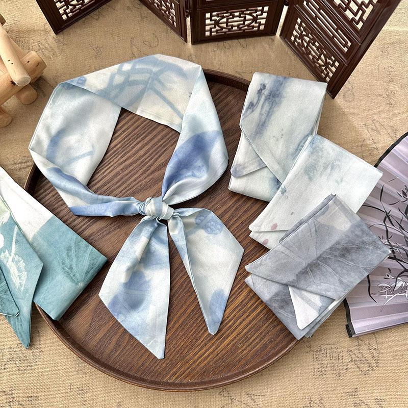 7x85cm Skinny Silk Scarf Floral Headband Chinese Style Hair Ribbon Scarf Butterfly Neck Tie Versatile Bag Decorative Scarf