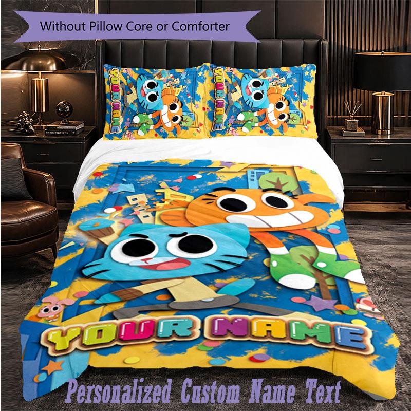 Set de Lenjerie de Pat Personalizat 3 Bucăți Lumea Uimitoare a lui Gumball Husa de Plapumă cu Text Personalizat Set de Fețe de Pernă Cadou pentru Dormitor