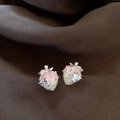 Exquisite Pink Strawberry Earrings for Women Light Luxury Zircon Heart-Shaped Earrings Y2K Girl Cute Jewelry Accessories