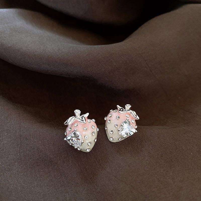 Exquisite Pink Strawberry Earrings for Women Light Luxury Zircon Heart-Shaped Earrings Y2K Girl Cute Jewelry Accessories