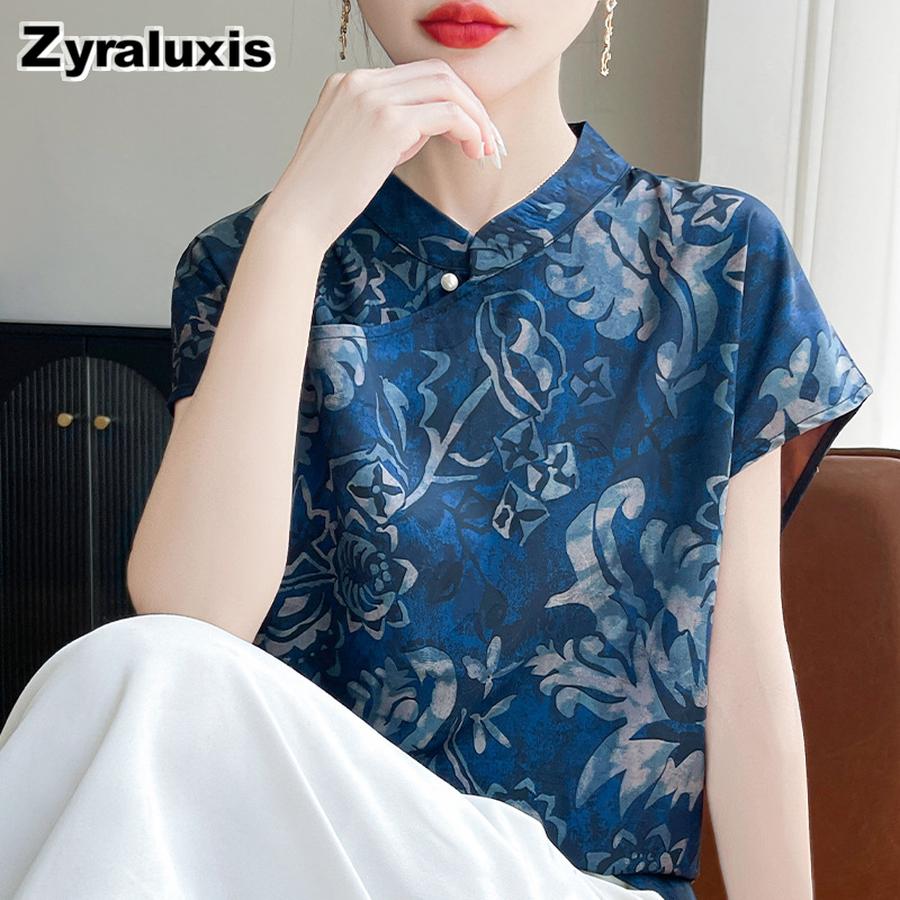 Silk Charmeuse Printed Short Sleeve Top Women's Mandarin Collar Cheongsam Shirt