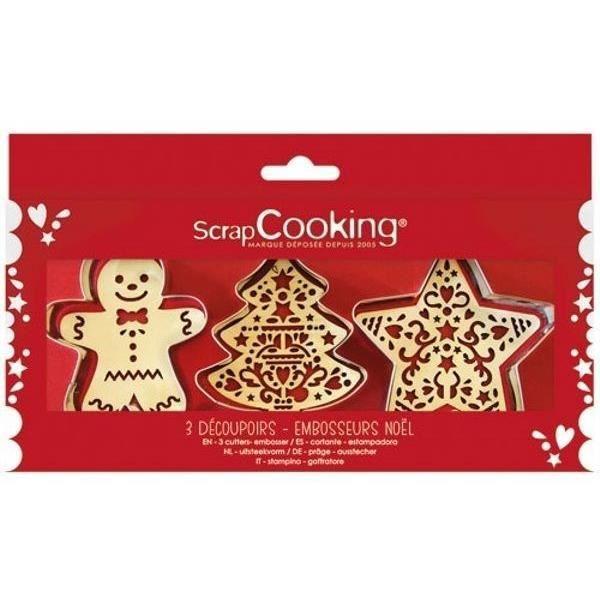 Set of 3 Wooden Cookie Cutters and Embossers - SCRAPCOOKING - Christmas (gingerbread Man, Fir Tree and Star)