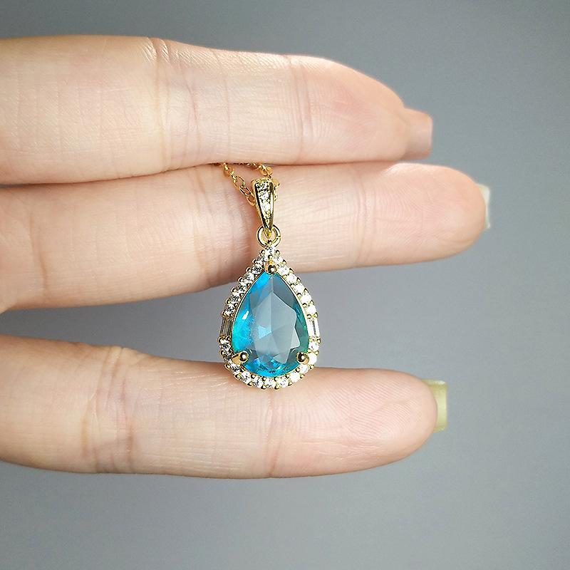 

Water Drop-Shaped Aquamarine Pendant Temperament Inlaid With Imitation Emerald Yellow Zirconium White Gold Necklace Women