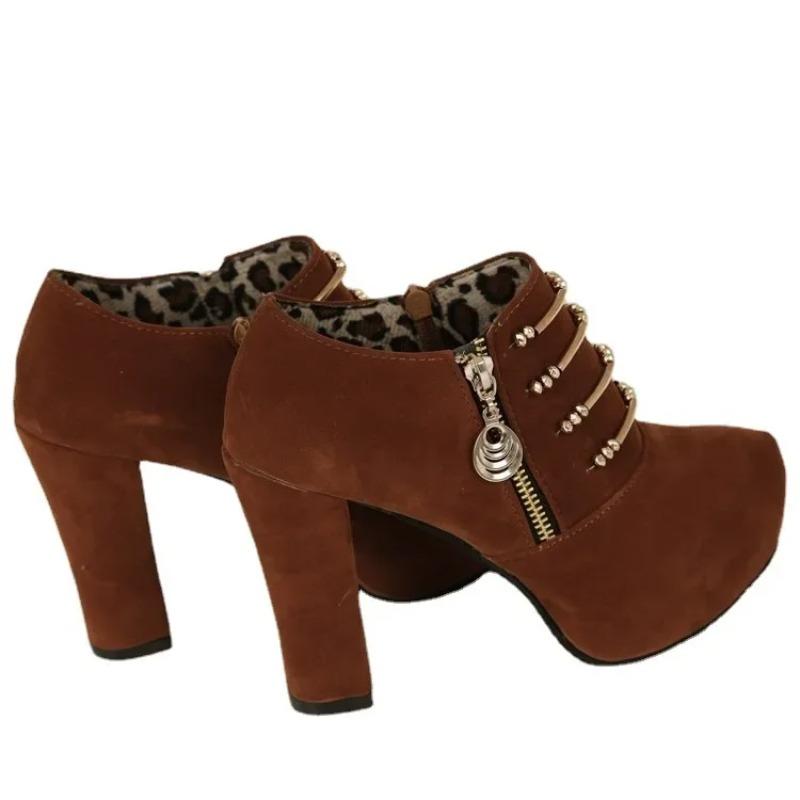 Fashion Fall Winter Women's Ankle Boots Waterproof Platform Thick Heel Short Boots Velvet Fabric Round Toe Side Zipper High Heels