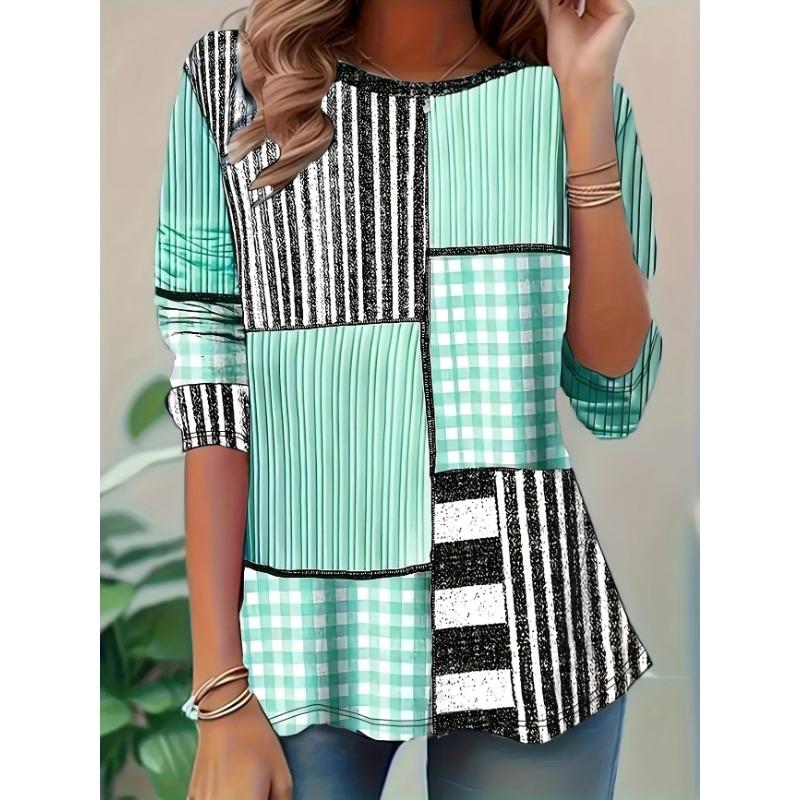 Plus size women's geometric color matching loose long-sleeved crew neck top - Casual, comfortable