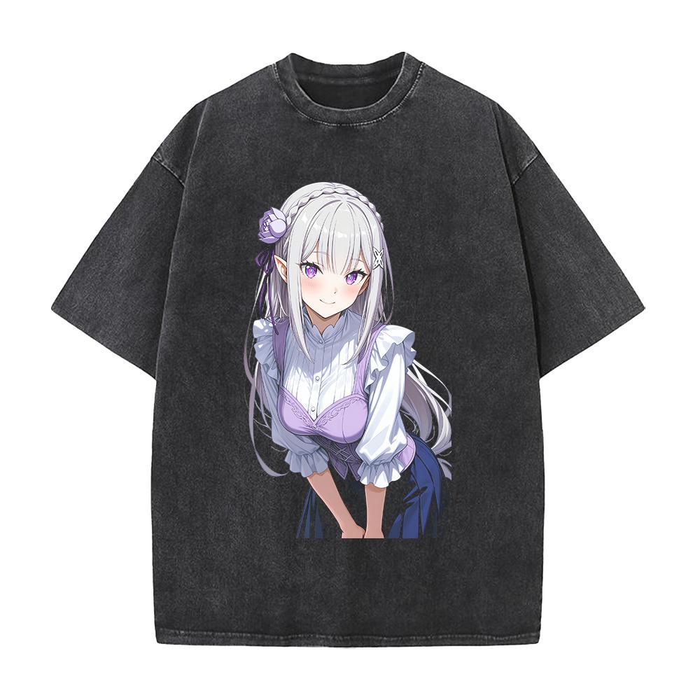 Emilia Re ZERO Starting Life In Another World Anime Clothing Men Women T-shirts Washed T Shirt Retro Cotton Tshirt Harajuku Tops