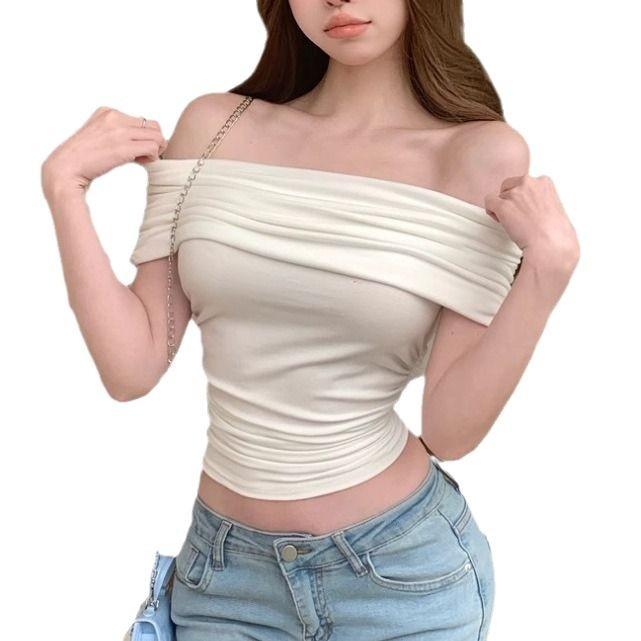 Ins Pure Desire Sexy One-word Shoulder Short Open-button Top for Women's Summer New Slim and Thin Spice Girl Top for Women