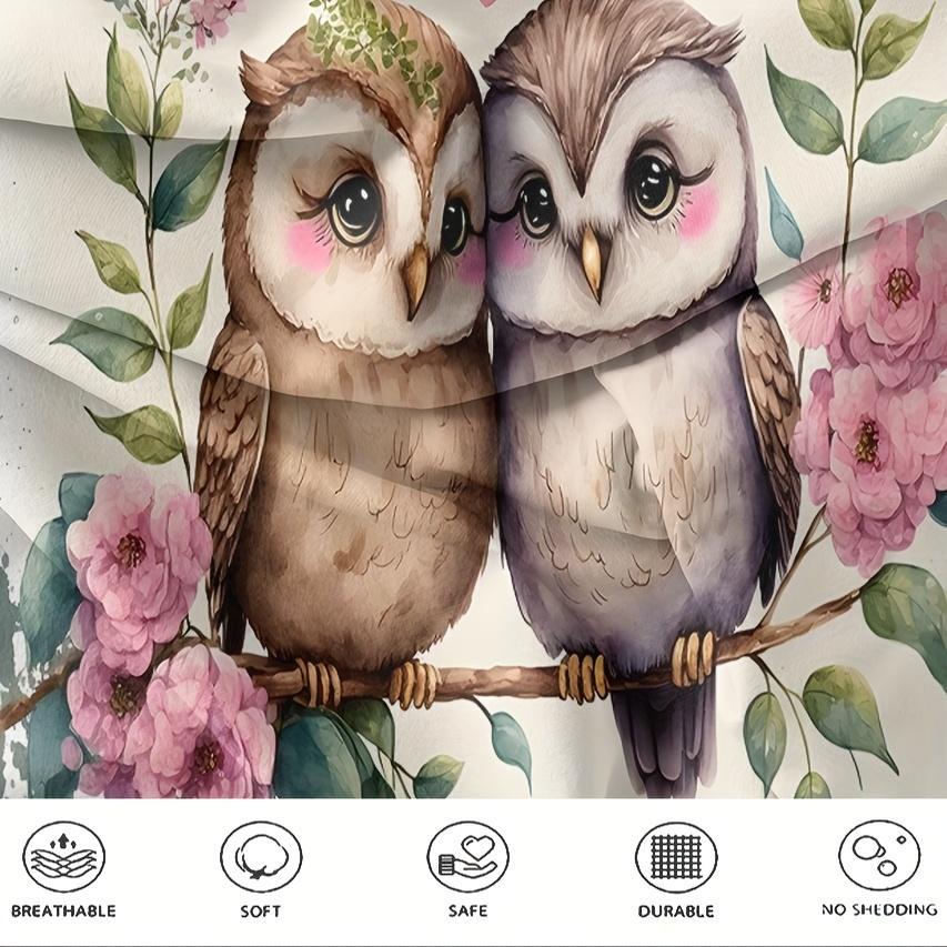 2/3pcs Set Fresh and Loving Two Love Owls Perched on Pink Flower Branches Bird-themed Bedding Set Digital Print Quilt Cover Set