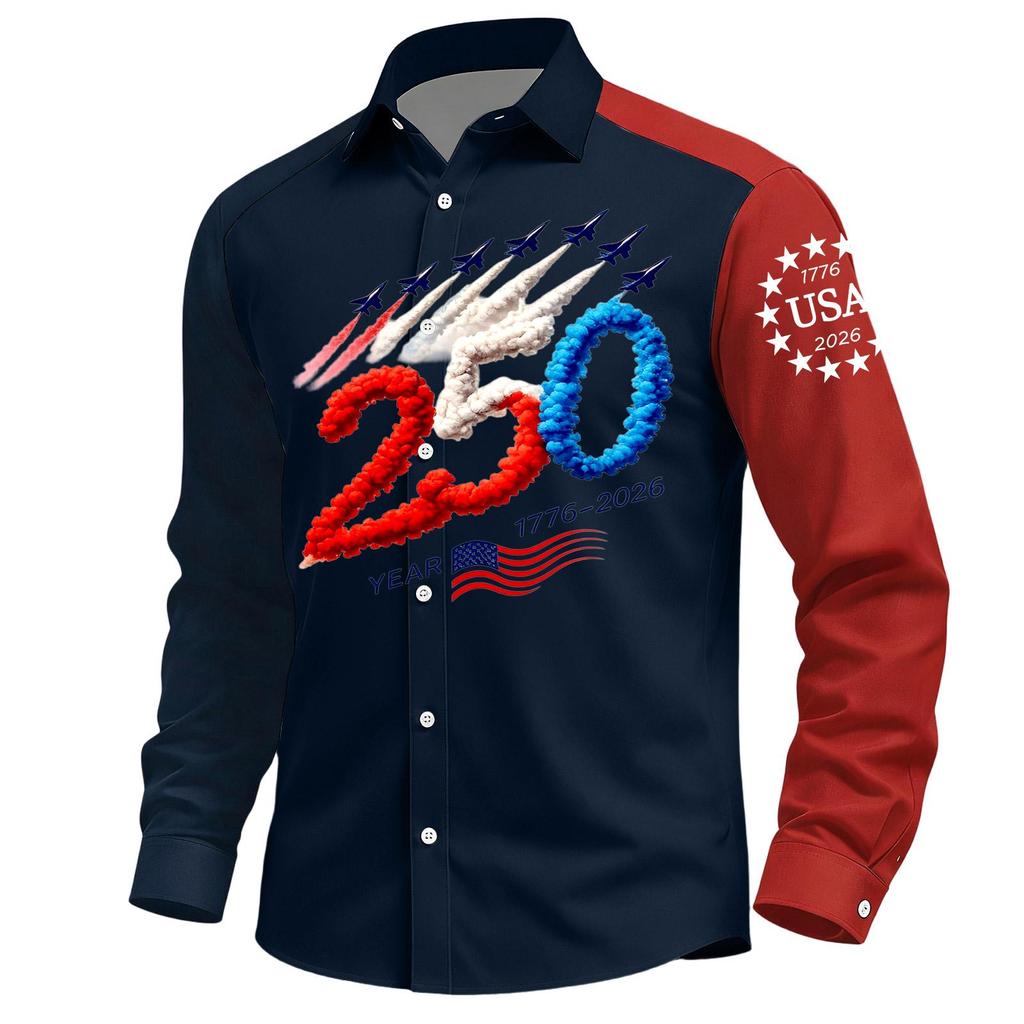 Men's Casual Independence Day Printed Lasel Button Long Sleeve Shirt