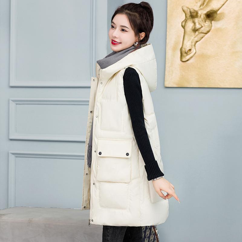 New medium and long cotton jacket down cotton vest autumn and winter women's vest loose hooded big pocket vest jacket
