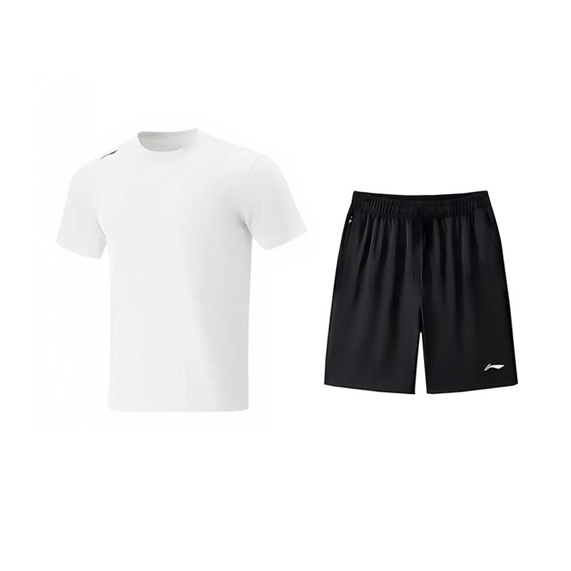 Li-Ning Solid Color Logo Round Neck Pullover Short Sleeve Fitness Breathable Versatile Shorts Casual Sports Suit ATSV597-1+AKSV843-1