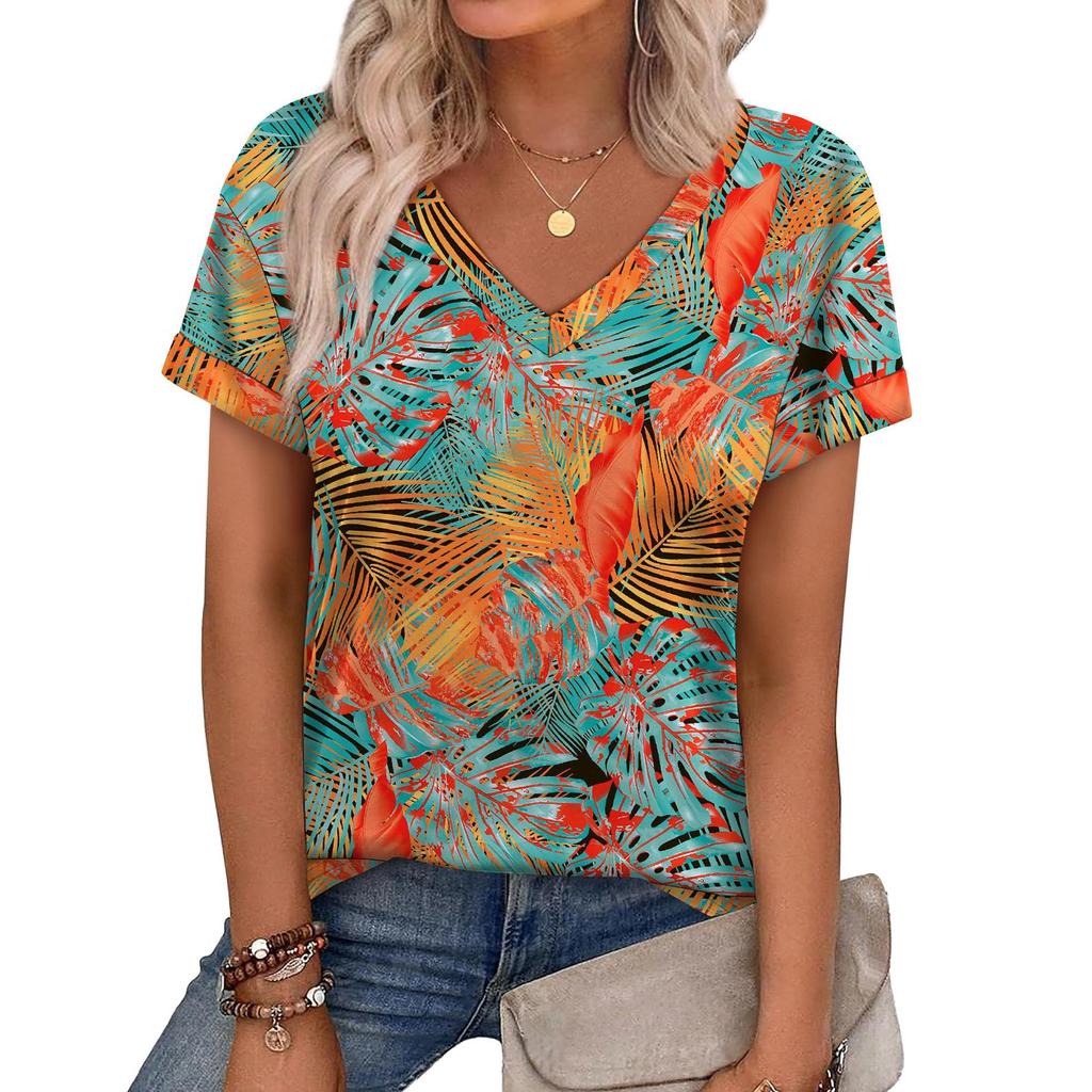 Women's V Neck Short Sleeve Casual Top Lightweight Loose Fit Pullover Blouse with Printed Pattern for Spring Summer Wear