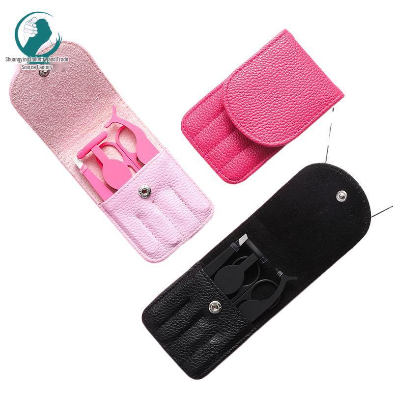 Beauty Tools 4-Piece Set: Stainless Steel Eyelash Curler, Eyebrow Tweezers, Scissors & Leather Case