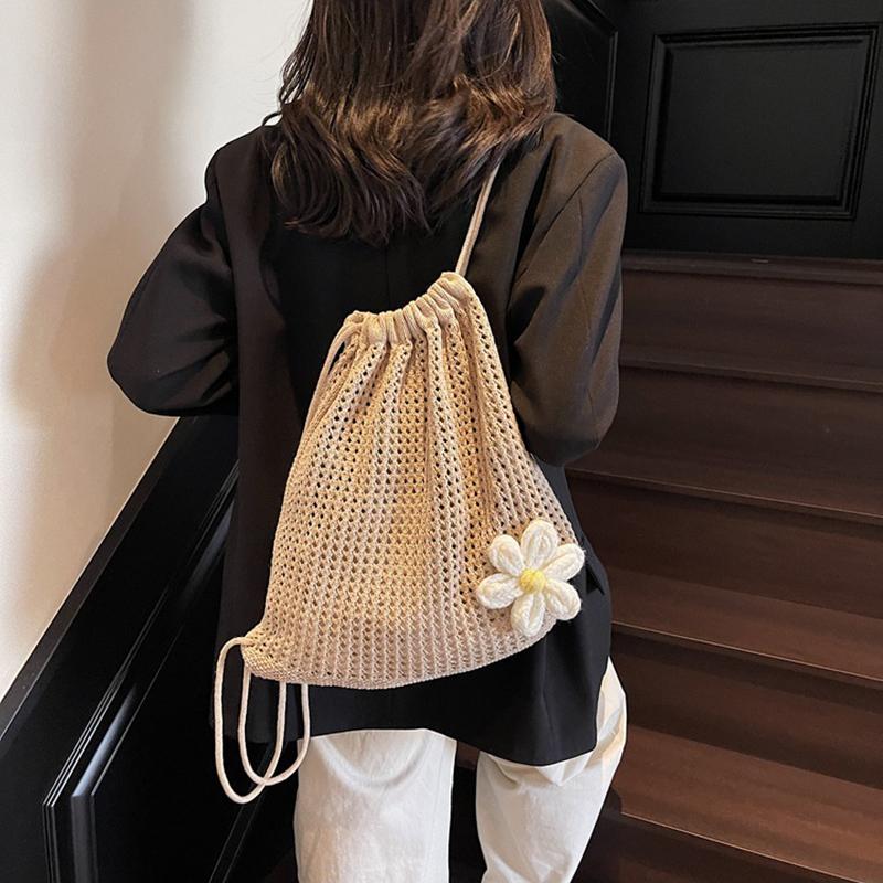 Yogodlns Fashion Solid Color Floral Decor Crochet Shoulder Bag Woven Women Beach Holiday Bucket Hollow Out Large Capacity  Backpack