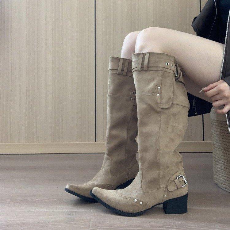 But knee boots women's 2025 autumn and winter khaki suede pointed boots children thick heel thin pleated piled boots