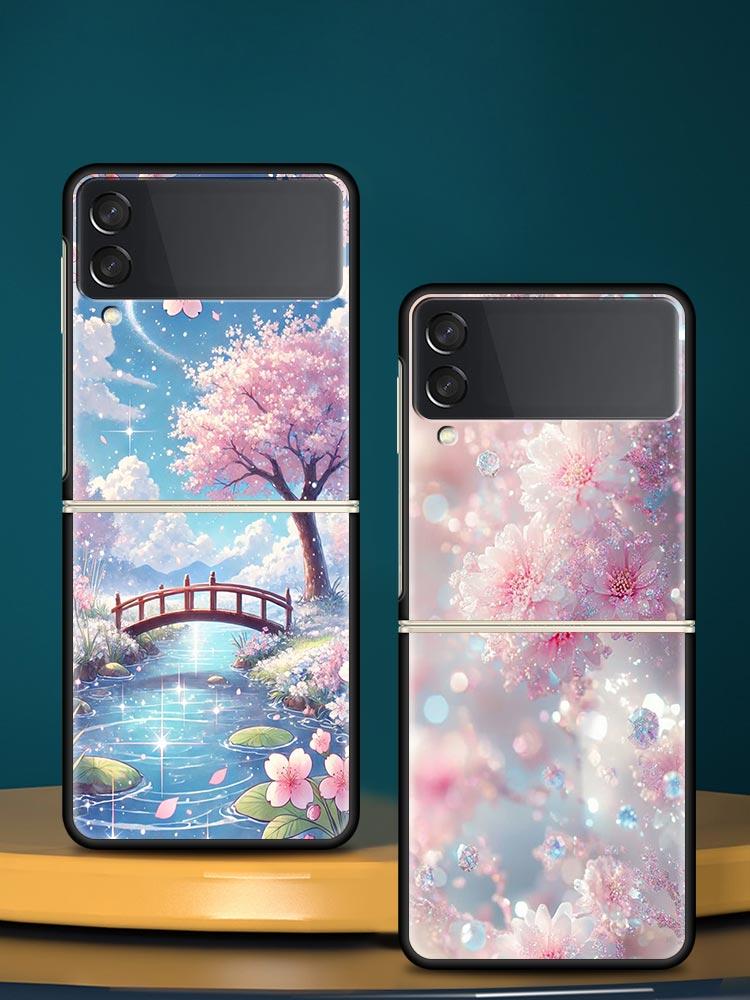 Korean Flower Hard PC Phone Case For Samsung Galaxy Z Flip 7 6 5 4 Black Cover For Galaxy Z Flip 3 Foldable Shell Fundas Capas