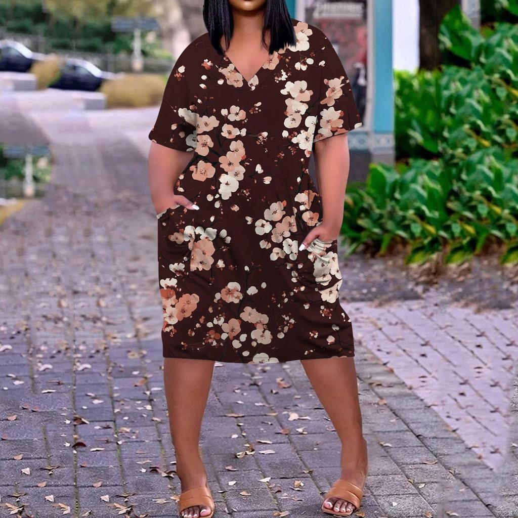 Summer Plus Size V Neck Short Sleeve Knee Pocket  Print Casual Dress For Women