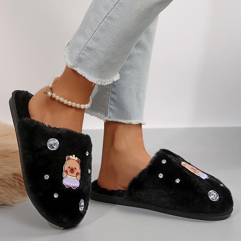 Fashion Cute Cartoon Pattern Plush Slippers Women Winter Warm Indoor Furry House Slippers Woman Rhinestone Decor Soft Cozy Home Slides