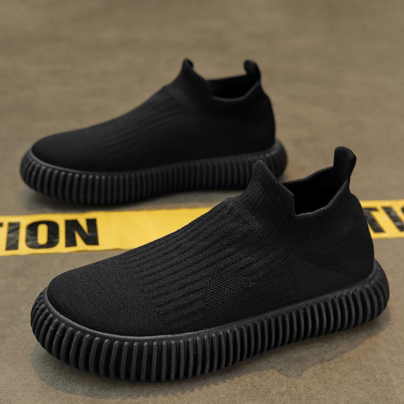Fashion Round Toe Sports Shoes for Men Breathable Fashionable and Lightweight Black Walking Shoes Mesh Thick Soled Flat Shoes Casual