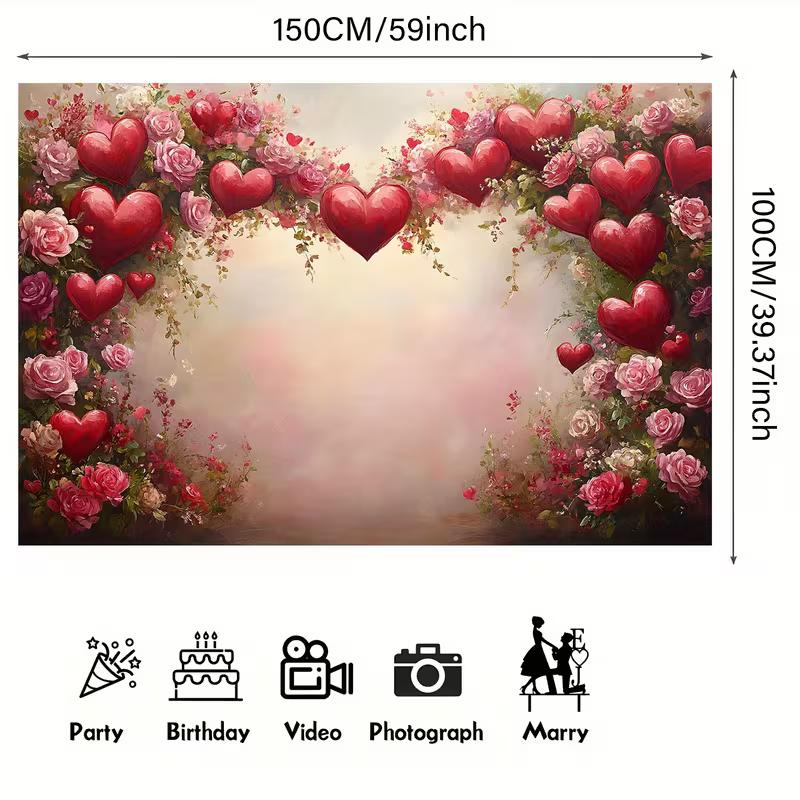 2D Red Heart Rose Photography Backdrop Valentine's Day Floral Background