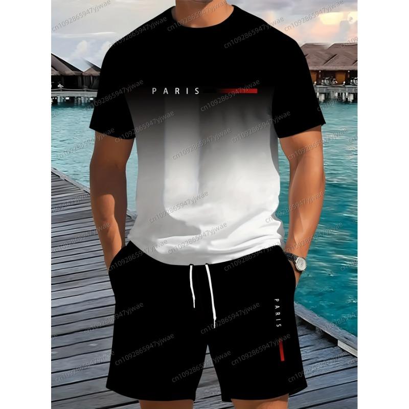 Sommer Herren Paris Print Kurzarm T-Shirt & Shorts Set Rundhals Farbverlauf Kurzarm Damen T-Shirt Shorts Set
