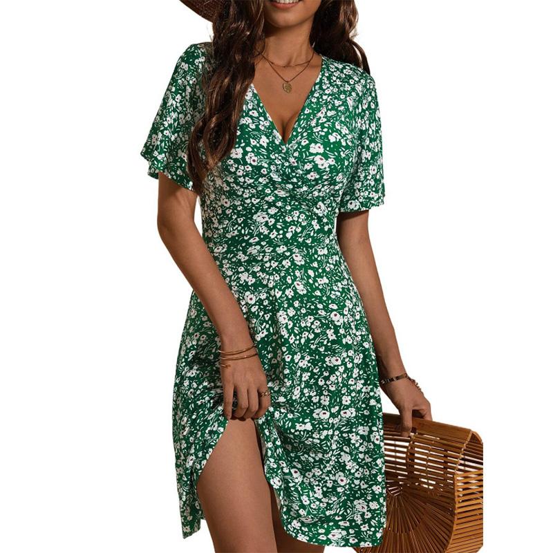 Womens Sundress Summer Floral Short Sleeve Wrap V Neck A-Line Midi Dress