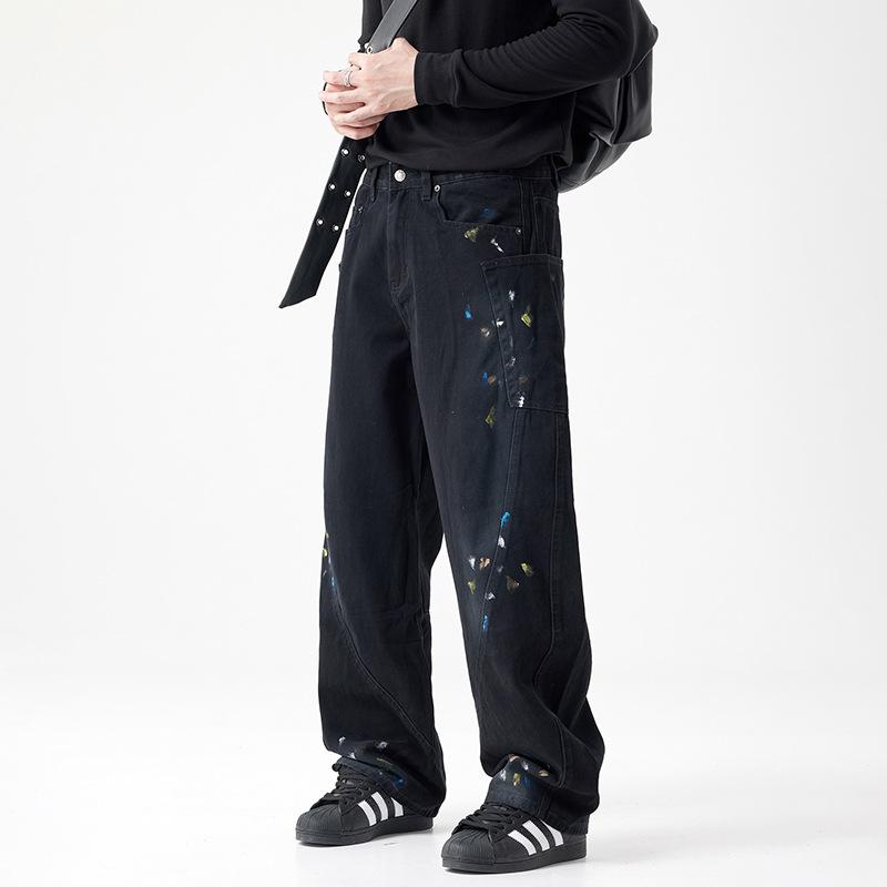 American street ink splashing denim hip hop wide-leg hand-painted jeans men's loose straight casual scimitar pants